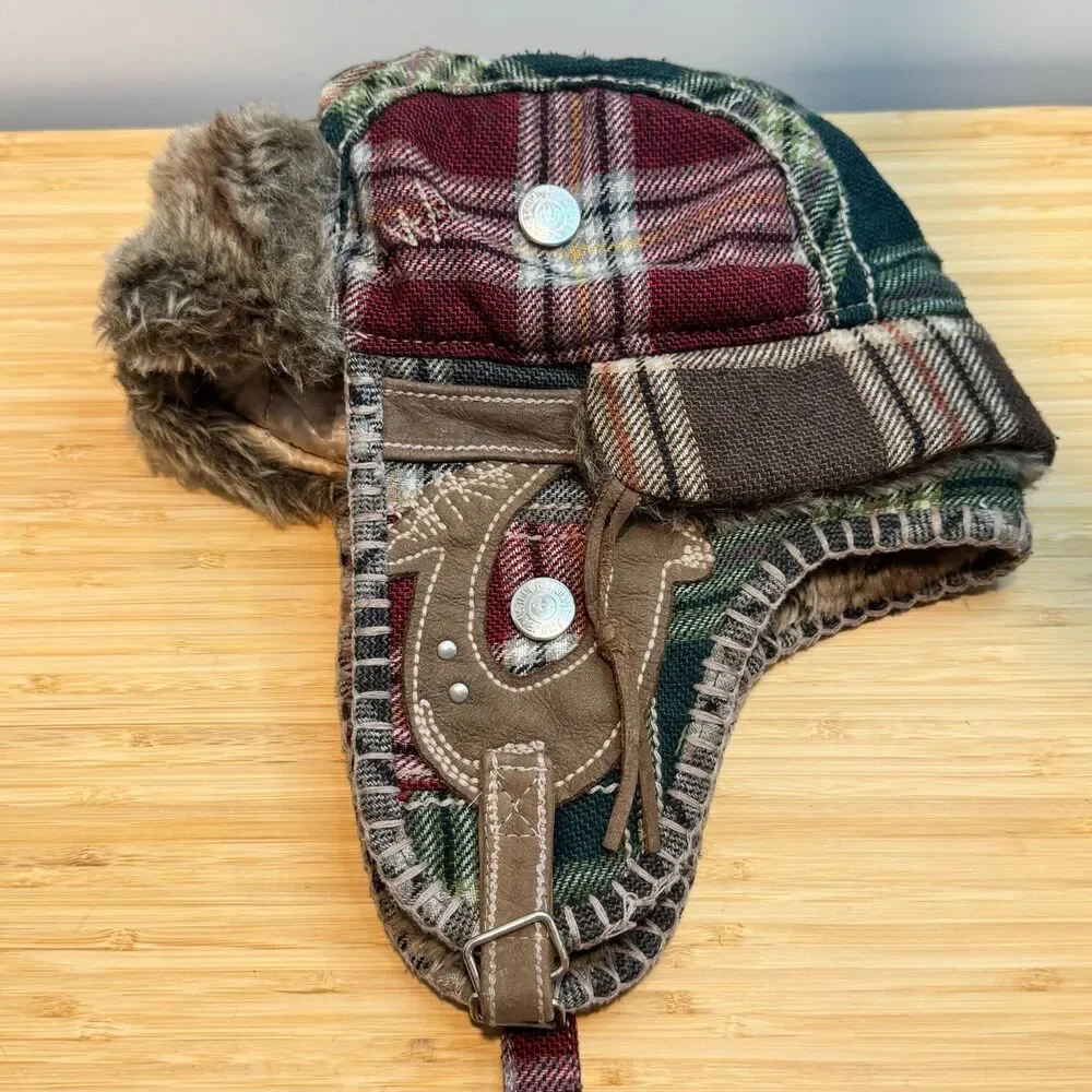 Vintage Y2K True Religion Patchwork Plaid Faux Fur Trapper Aviator Hat OS